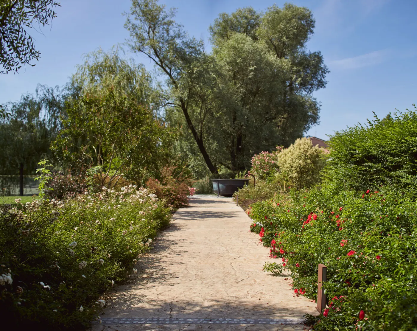 Vialetto in cemento stampato fra le piante di un giardino