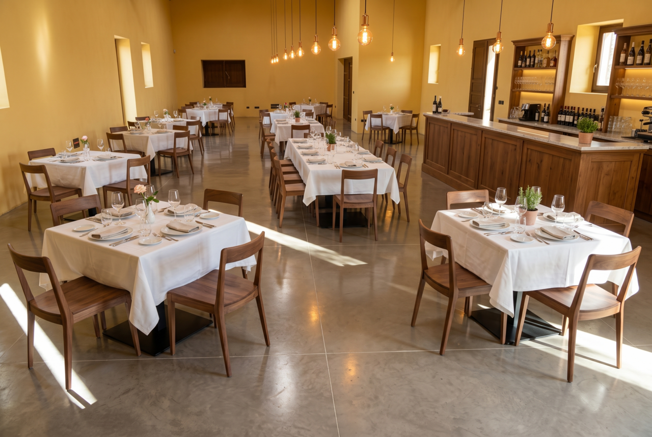 Pavimento in cemento levigato lucido in una sala ristorante
