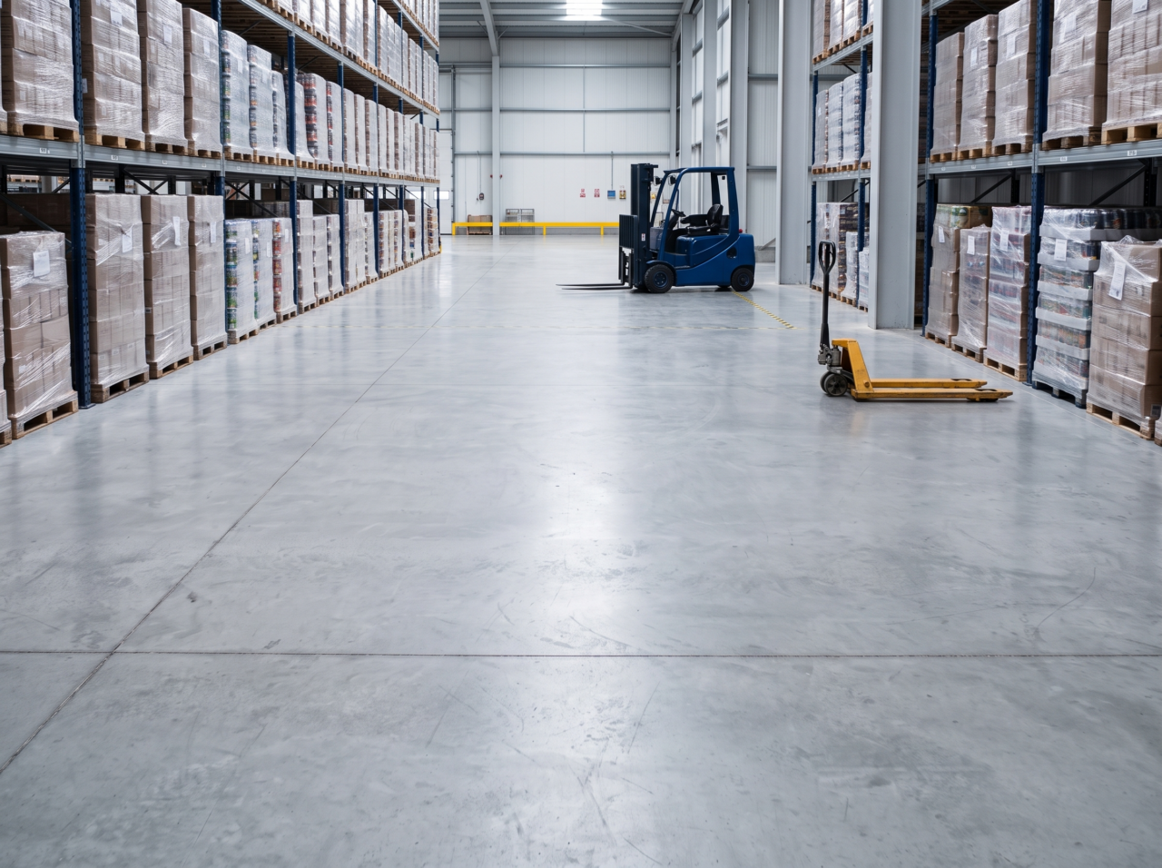 Pavimento industriale in cemento in un magazzino con scaffalature