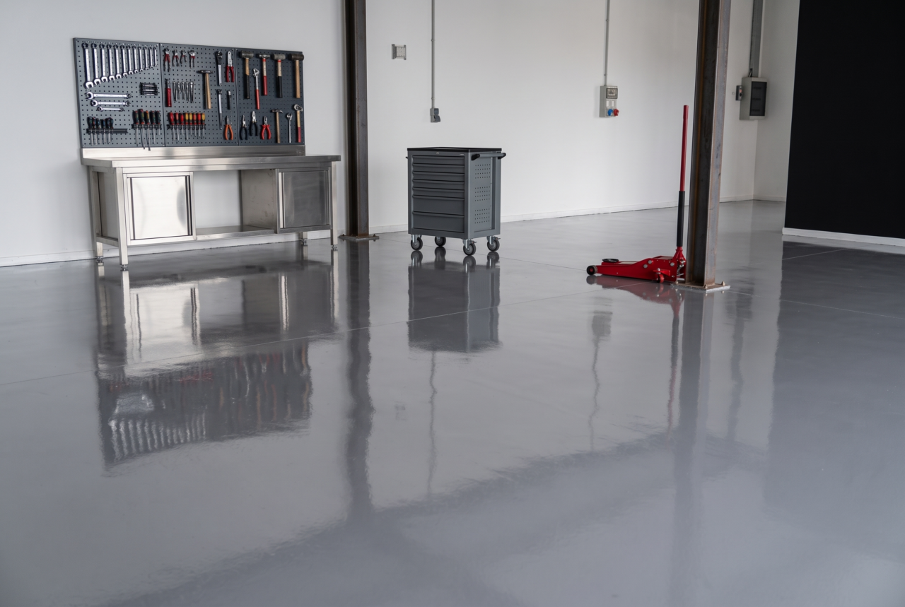Pavimento in resina grigia in un box officina