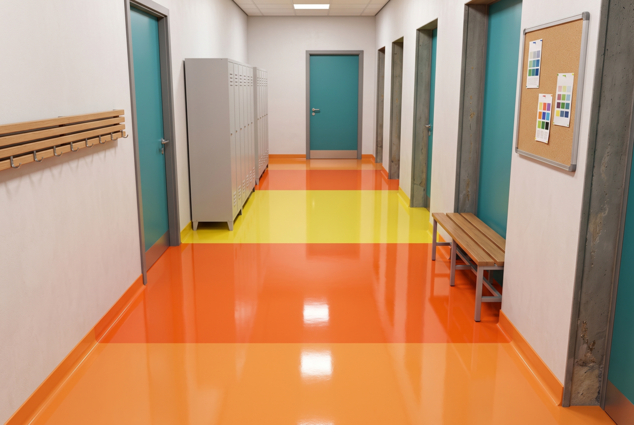 Pavimento in resina colorata in un corridoio scolastico