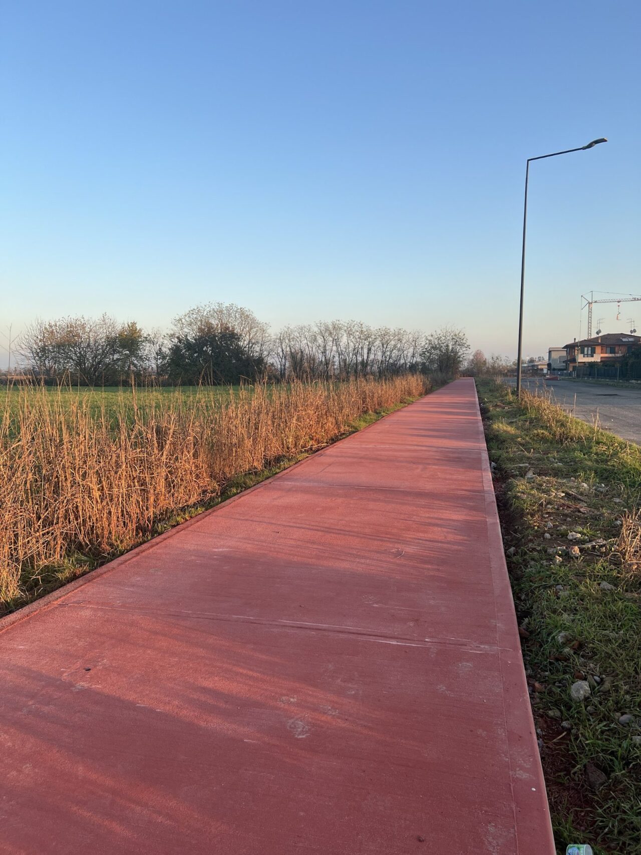 Pista ciclabile in calcestruzzo pettinato tra i campi a Porto Mantovano (MN)